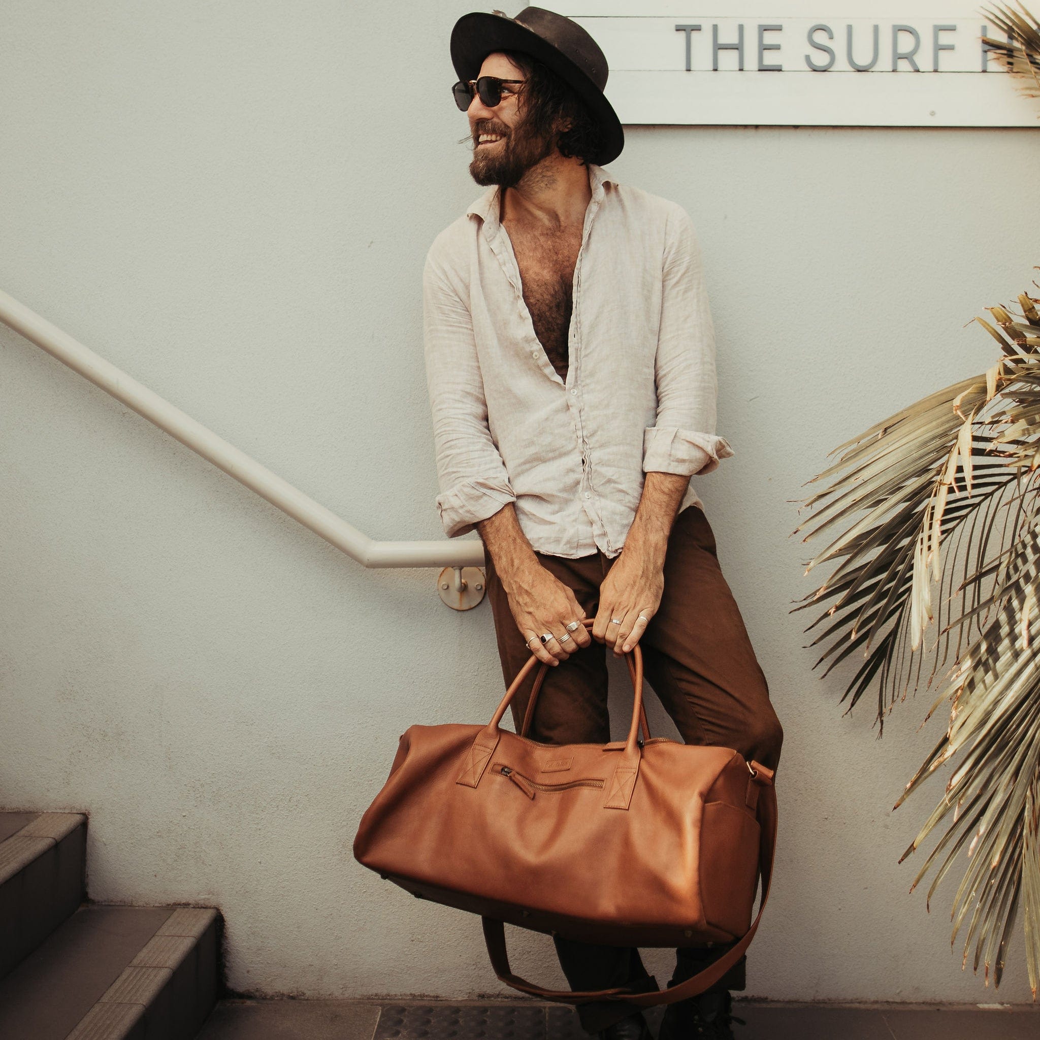 Greenslade Tan Leather Duffle Bag by Duffle&Co Worn by Artist Matt Boylan-Smith