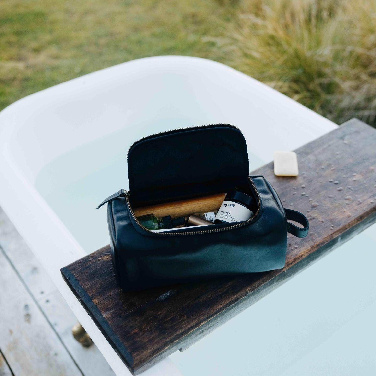 Black Leather Wash Bag Open