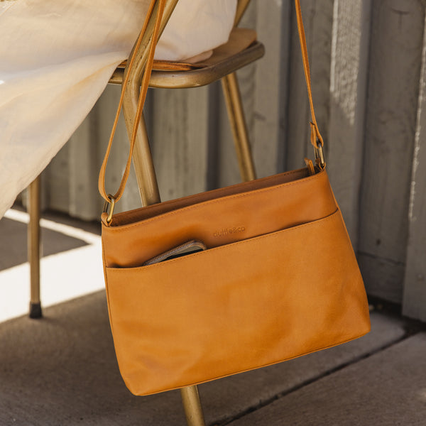 Tan Leather Rose Crossbody Handbag by Duffle&Co