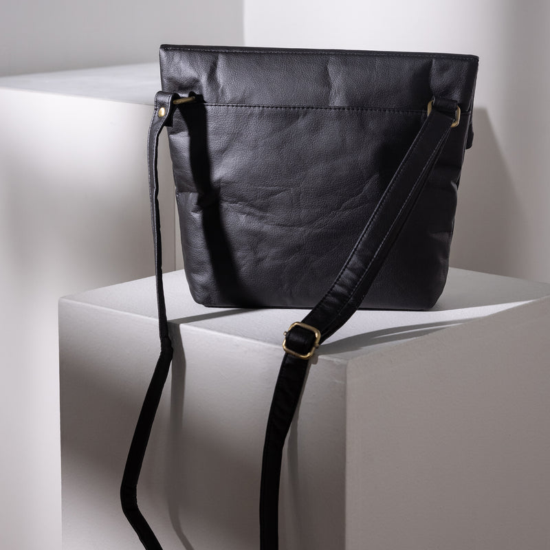 Back of the Clara Pinatex Crossbody Handbag in Black by Duffle&Co
