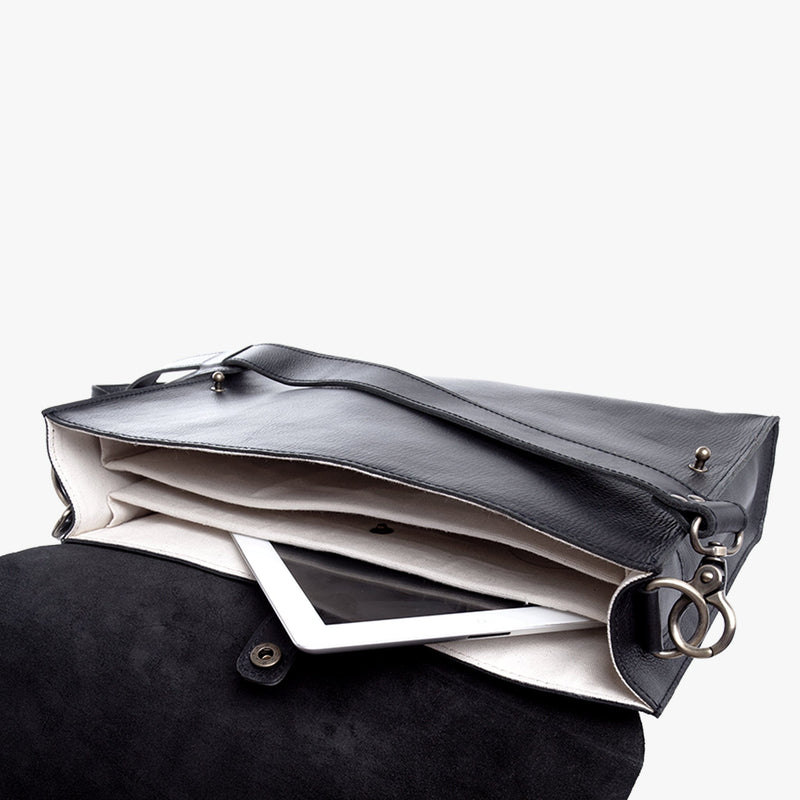 Inside the Forrest Black Leather Satchel Laptop Bag by Duffle&Co