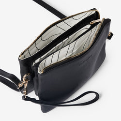 Sienna Triple Pouch Black Leather Crossbody Handbag Interior by Duffle&Co